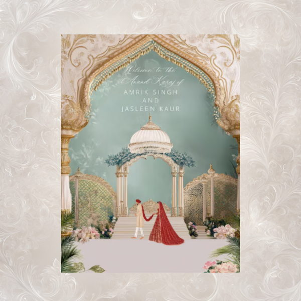 Anand Karaj Welcome Sign | Sage & Gold Mughal Palace | Custom Name & Date