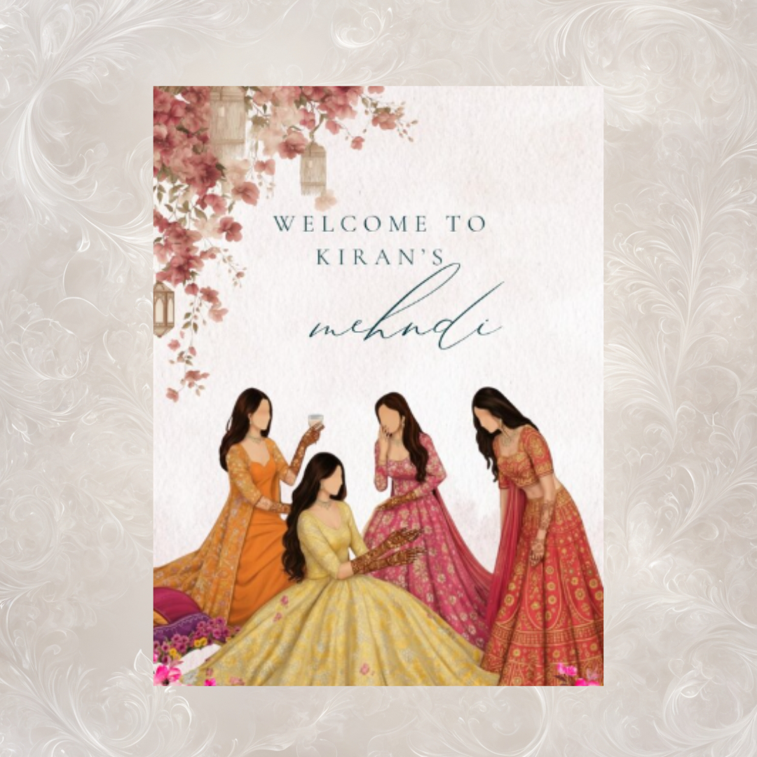 Mehndi Welcome Sign | Illustrated Bride & Friends | Custom Name