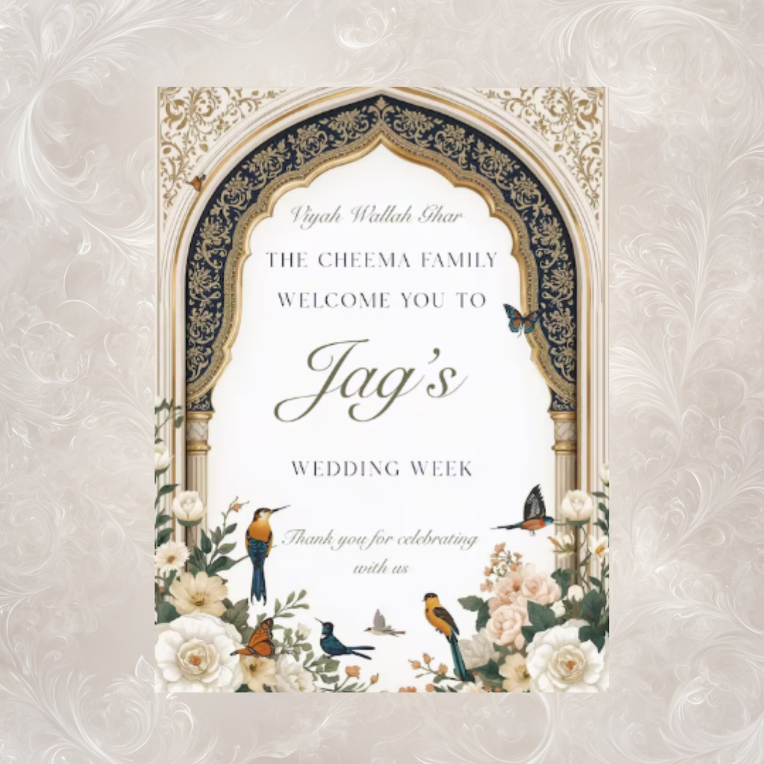 Wedding Week Welcome Sign | Navy & Gold Mughal Arch | Birds & Florals | Custom Name