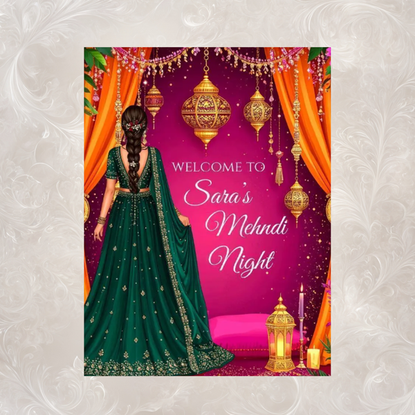 Mehndi Night Welcome Sign | Magenta & Gold Lanterns | Emerald Bride | Custom Name