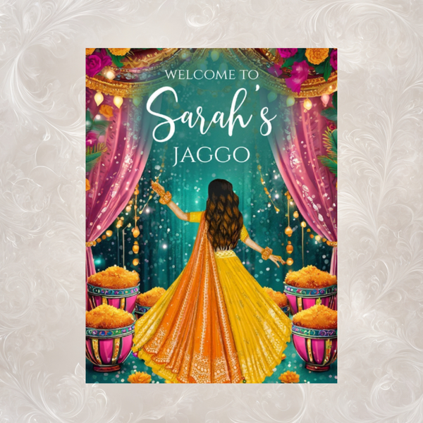 Jaggo Night Welcome Sign | Teal & Gold Illustrated Bride | Custom Name