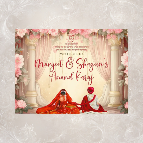 Anand Karaj Welcome Sign | Seated Sikh Couple | Pink Floral | Custom Name & Date