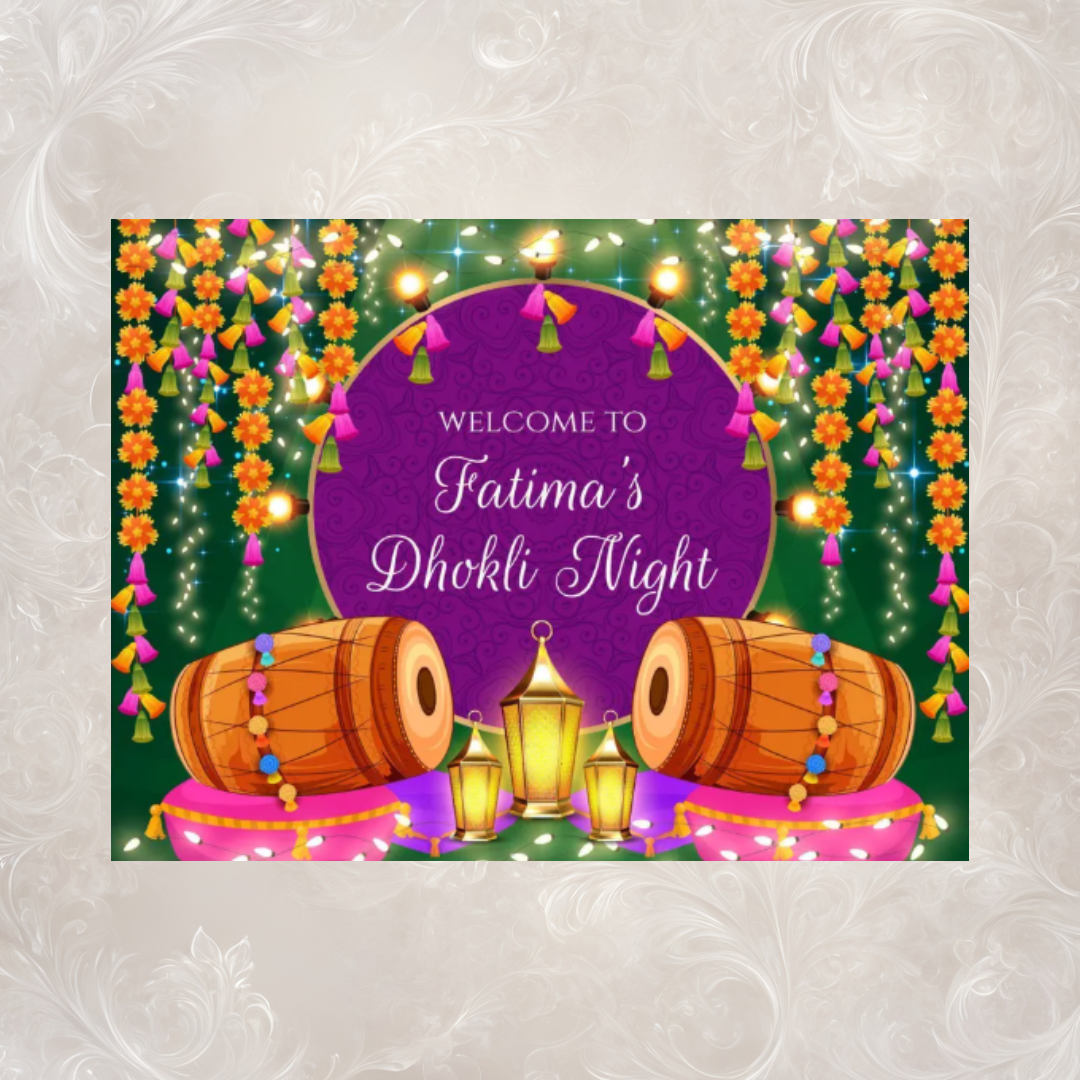 Dholki Night Welcome Sign | Dhol & Lanterns | Green & Purple | Custom Name