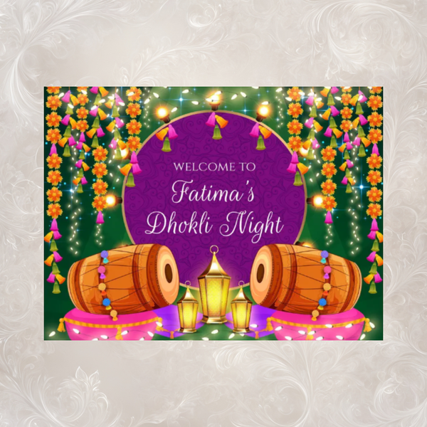 Dholki Night Welcome Sign | Dhol & Lanterns | Green & Purple | Custom Name