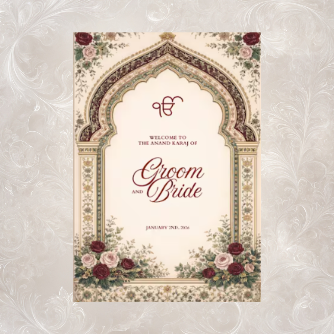 Anand Karaj Welcome Sign | Burgundy & Ivory Mughal Arch | Custom Name & Date