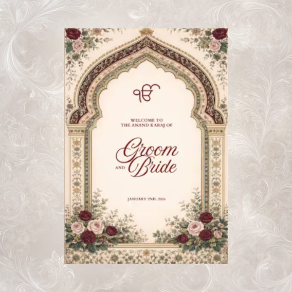 Anand Karaj Welcome Sign | Burgundy & Ivory Mughal Arch | Custom Name & Date