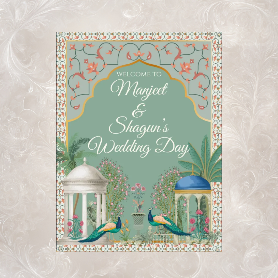 Wedding Welcome Sign | Sage Mughal Garden & Peacocks | Custom Name & Date