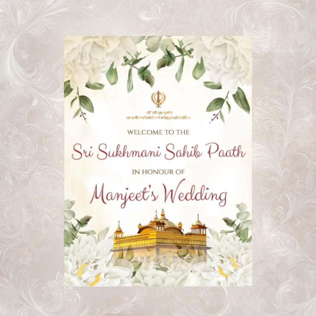 Sukhmani Sahib Paath Welcome Sign | Sikh Prayer Ceremony | White Floral | Custom Name