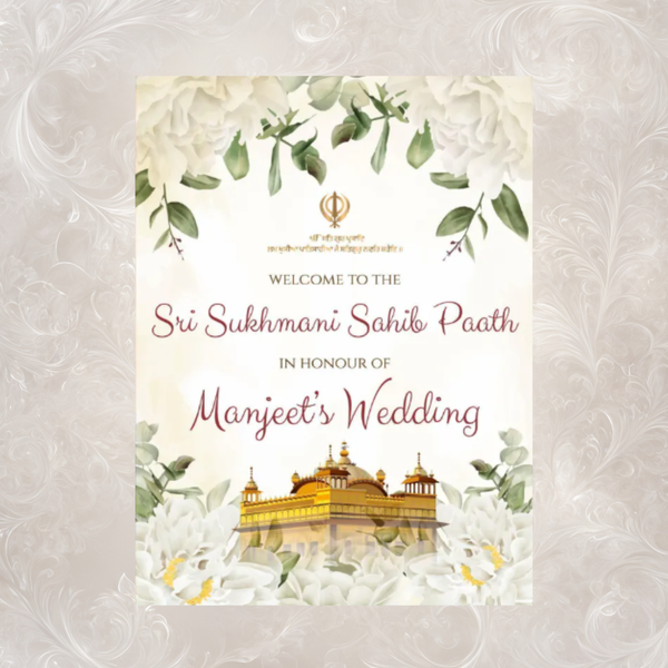 Sukhmani Sahib Paath Welcome Sign | Sikh Prayer Ceremony | White Floral | Custom Name