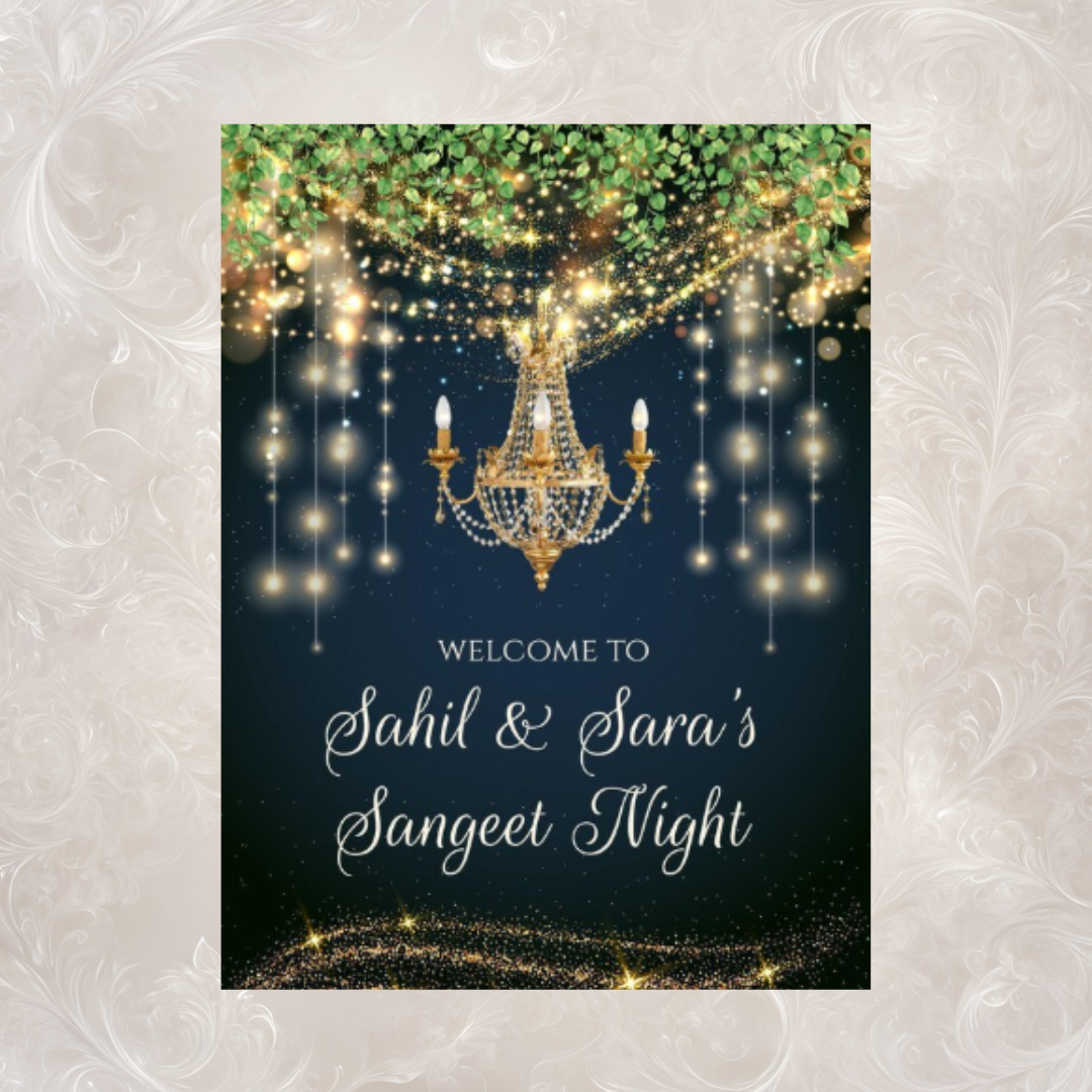Sangeet Night Welcome Sign | Navy & Gold Chandelier | Custom Name & Date
