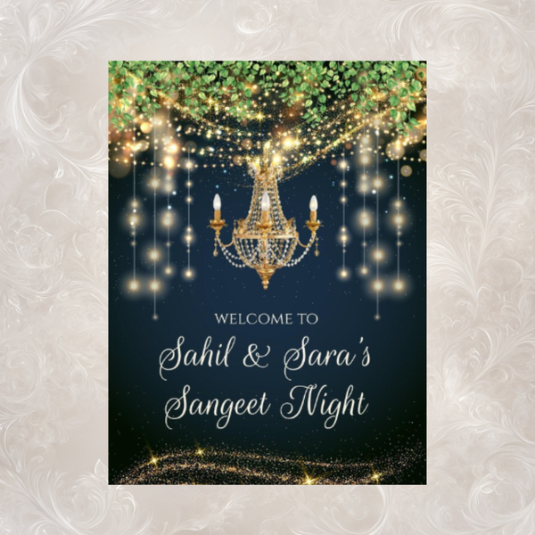Sangeet Night Welcome Sign | Navy & Gold Chandelier | Custom Name & Date