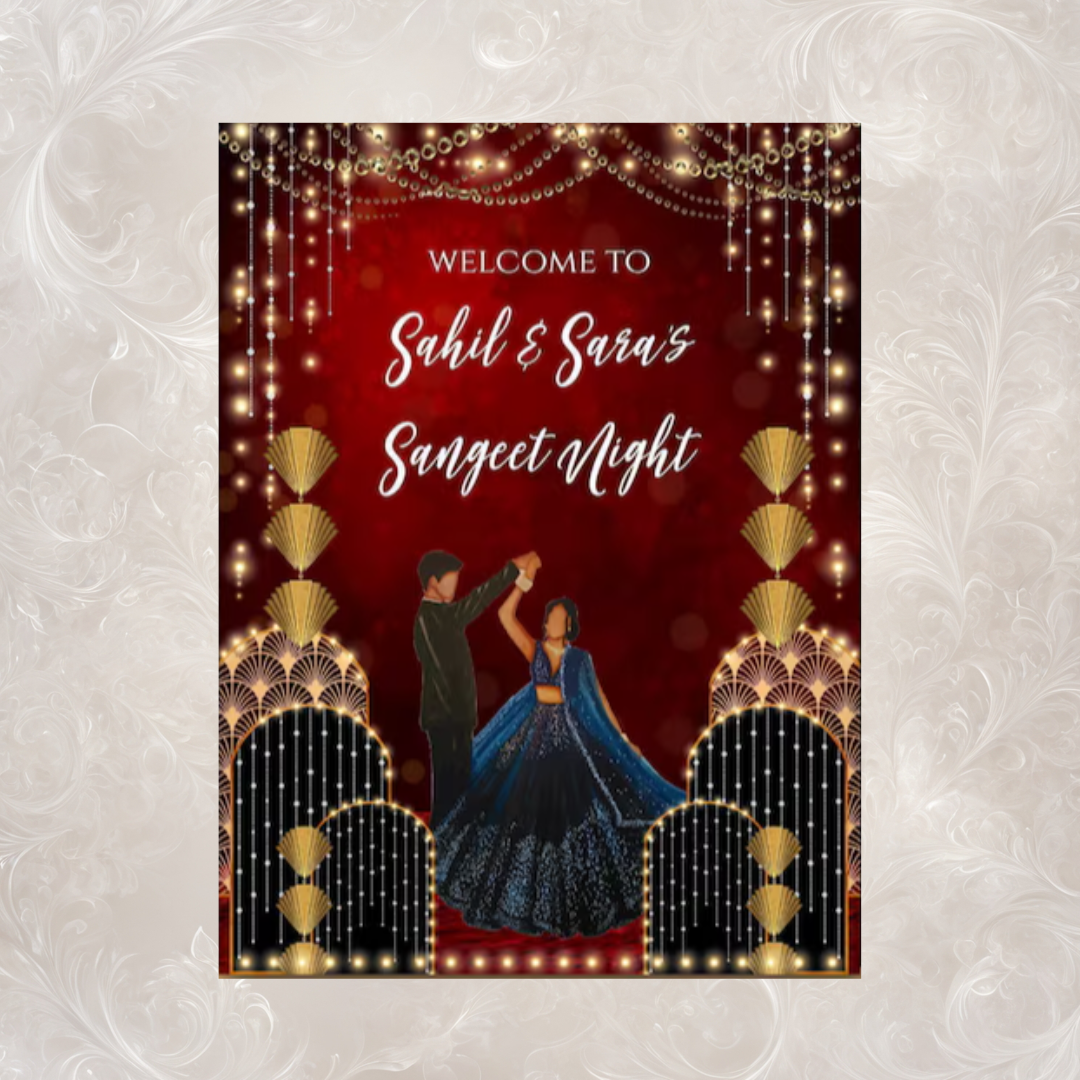 Sangeet Night Welcome Sign | Red & Gold Dancing Couple | Custom Name & Date