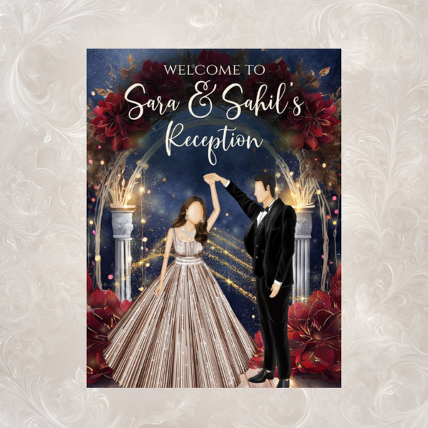 Reception Welcome Sign | Navy & Gold Dancing Couple | Custom Name & Date