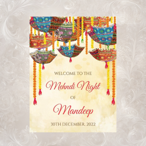 Mehndi Night Welcome Sign | Colorful Umbrellas & Marigold | Custom Name & Date