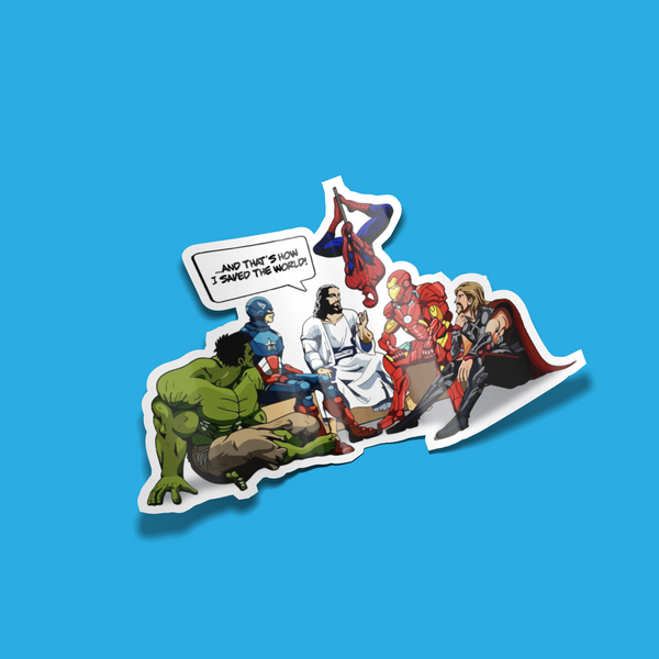Funny Jesus and Superheroes Sticker – Christian Faith Meets Avengers Vinyl Decal Sticker