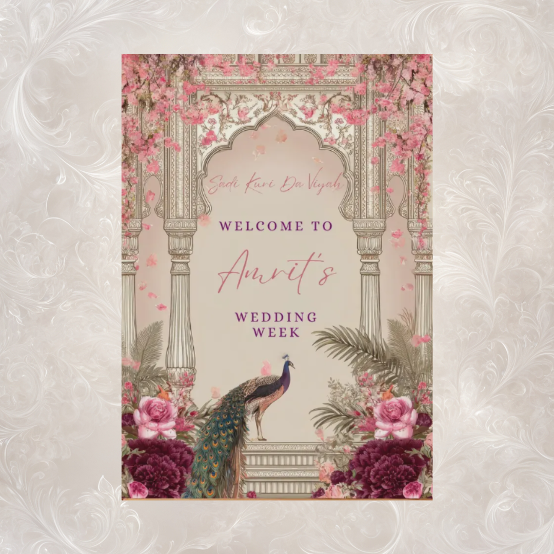 Peacock Wedding Welcome Sign | Pink Floral Arch | Custom Name